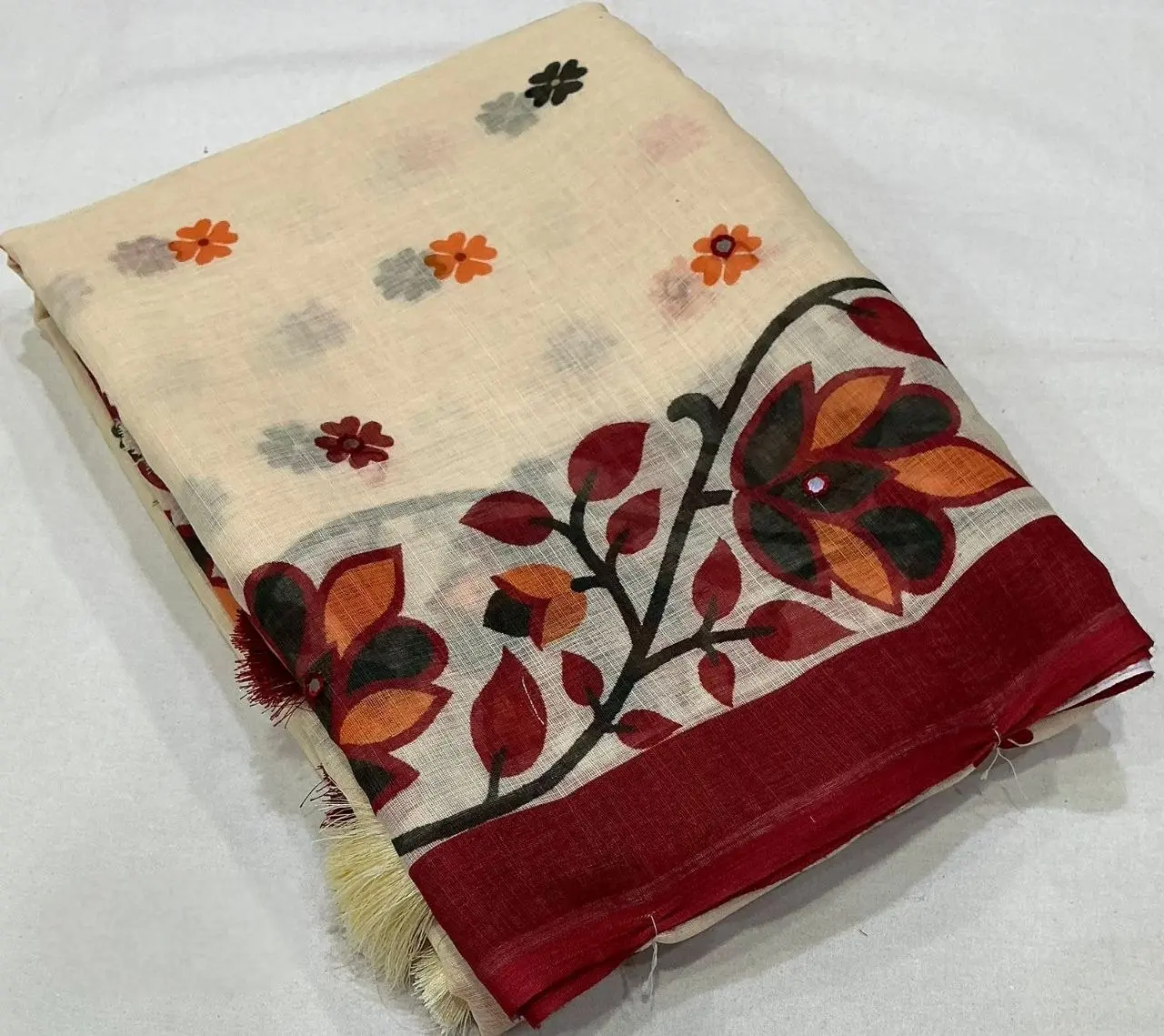 Linen Jamdani Style Printed Saree - Off White